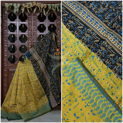 Yellow Madhubani printed Handloom merserised cotton saree with printed black pallu. saree comes with contrast plain black blouse.