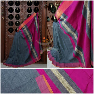 Grey Handloom linen blend saree with contrast border and pallu.