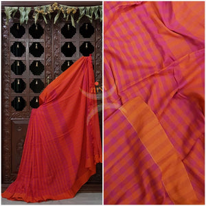 Pink and Orange Bengal handloom gamacha cotton saree with horizontal striped pallu.