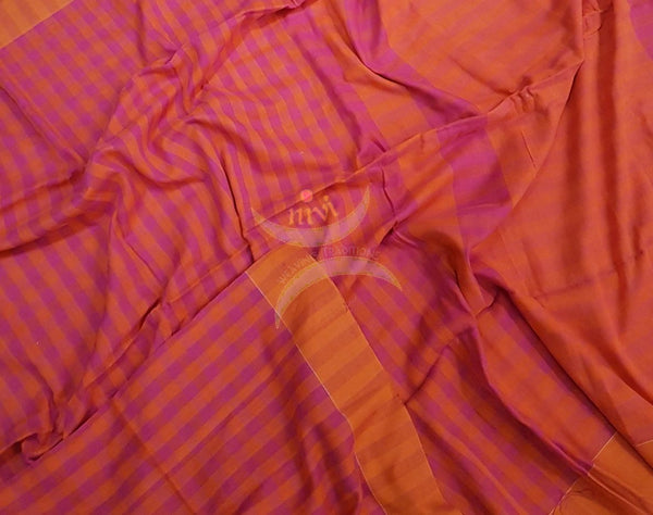 Pink and Orange Bengal handloom gamacha cotton saree with horizontal striped pallu.