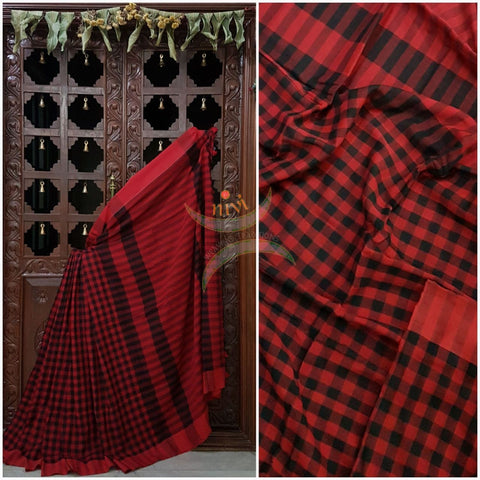 Black and red Bengal handloom gamacha cotton  saree with horizontal striped pallu.