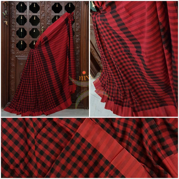 Black and red Bengal handloom gamacha cotton  saree with horizontal striped pallu.