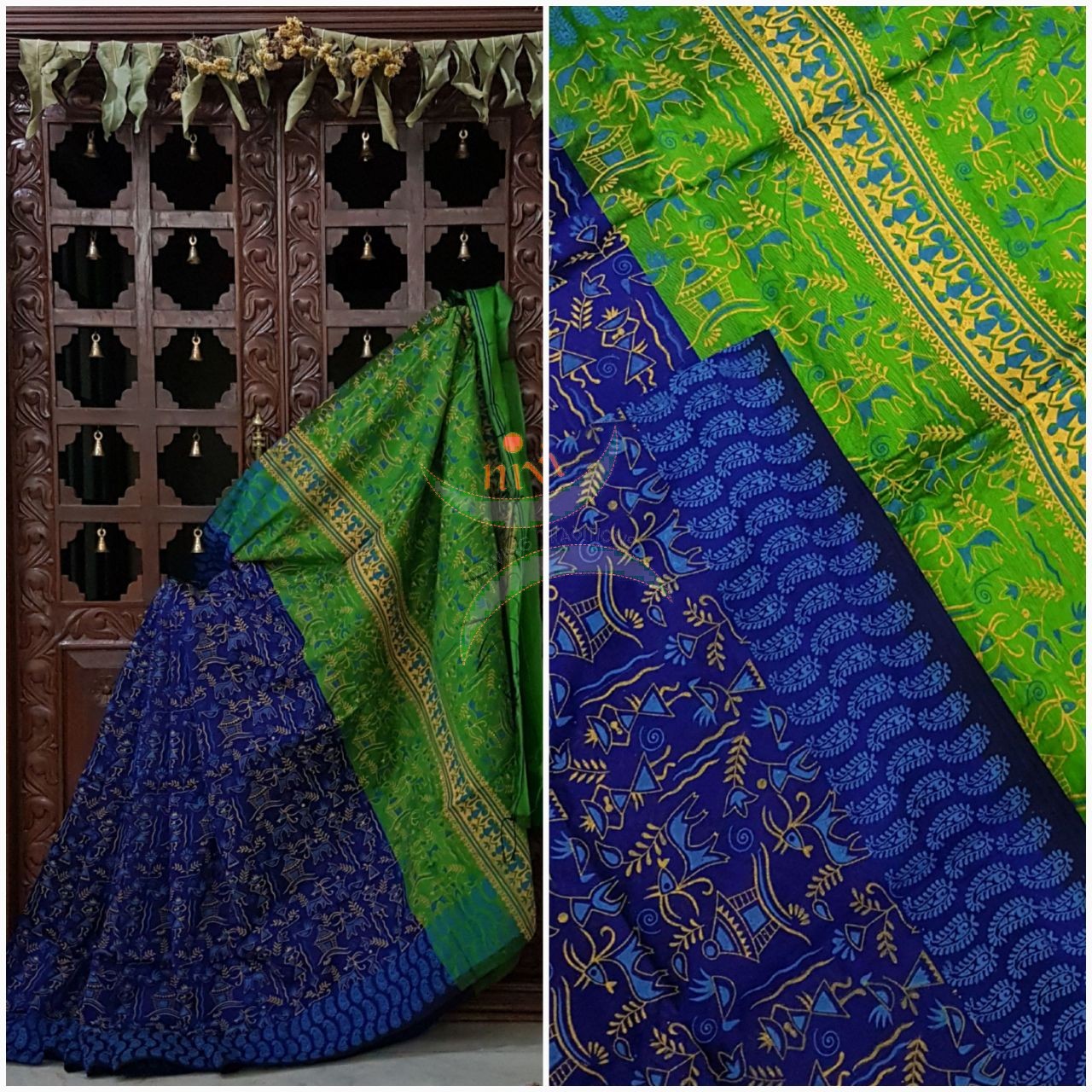Royal blue Madhubani printed Handloom merserised cotton saree with printed green pallu. saree comes with contrast plain green blouse.