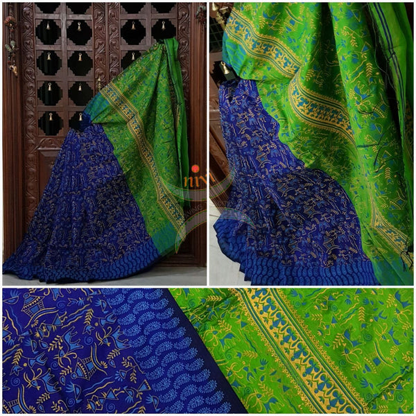 Royal blue Madhubani printed Handloom merserised cotton saree with printed green pallu. saree comes with contrast plain green blouse.