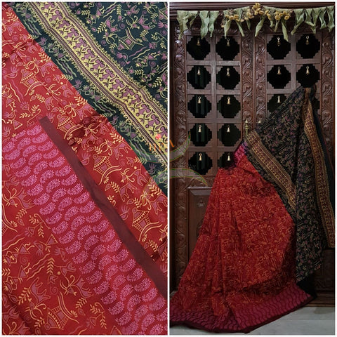 Maroon red Madhubani printed Handloom merserised cotton saree with printed black pallu. saree comes with contrast plain black blouse.