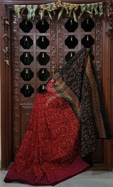 Maroon red Madhubani printed Handloom merserised cotton saree with printed black pallu. saree comes with contrast plain black blouse.
