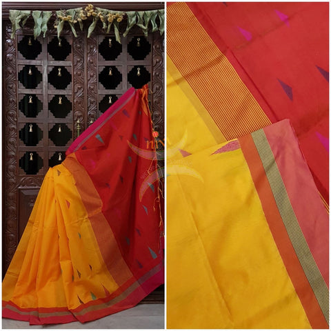 Mustard with red Bengal Handloom cotton with woven temple border with Geecha pallu. Saree comes with contrast red blouse . 