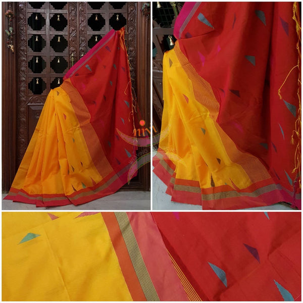 Mustard with red Bengal Handloom cotton with woven temple border with Geecha pallu. Saree comes with contrast red blouse . 