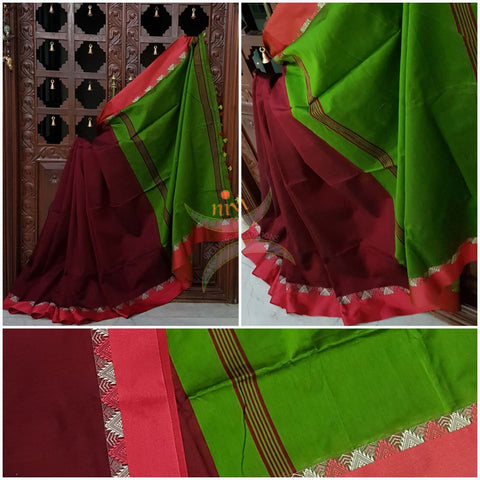 Maroon Handloom merserised soft cotton saree with contrast orange border with woven zari. saree comes with green pallu and blouse.