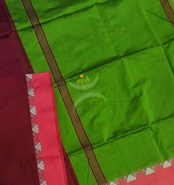 Maroon Handloom merserised soft cotton saree with contrast orange border with woven zari. saree comes with green pallu and blouse.