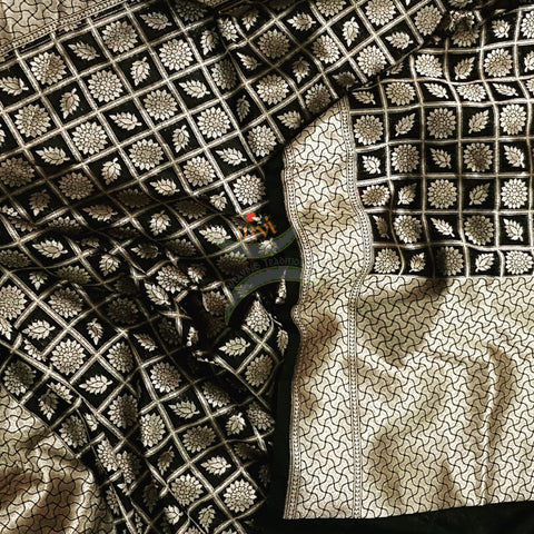 Black pure silk woven Benaras brocade duppata with intricate floral motif.