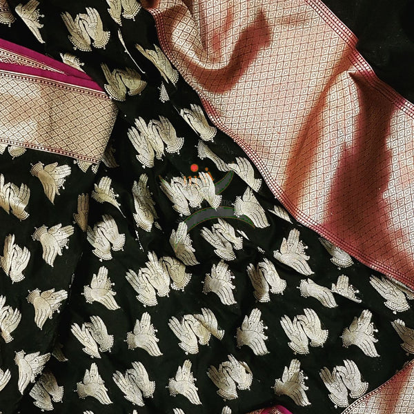 Black with pink pure silk woven Benaras brocade duppata with intricate hand mudra motif.