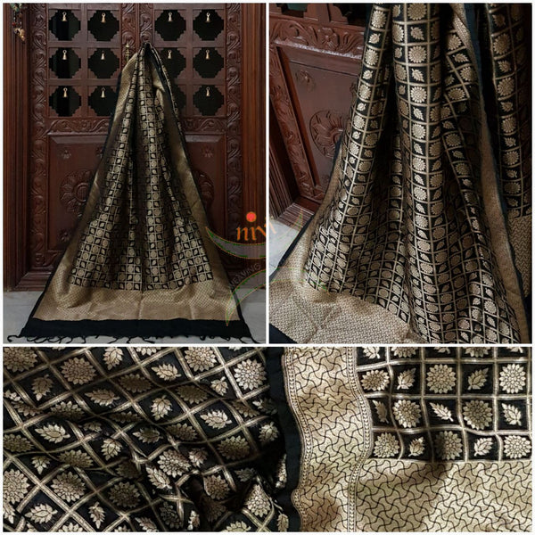Black pure silk woven Benaras brocade duppata with intricate floral motif.