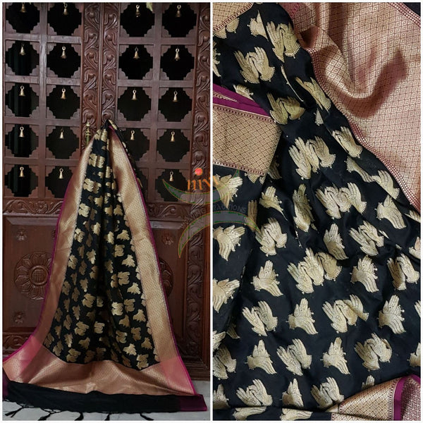 Black with pink pure silk woven Benaras brocade duppata with intricate hand mudra motif.