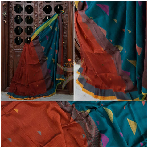Orange with Teal handloom linen cotton saree with contrasting pallu and border. Saree is woven with booties all over.