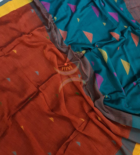 Orange with Teal handloom linen cotton saree with contrasting pallu and border. Saree is woven with booties all over.