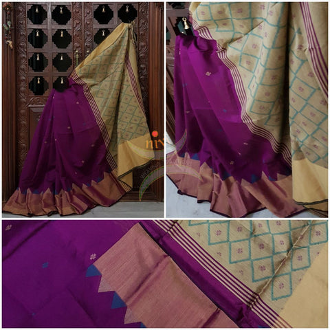 Purple with grey handloom merserised cotton with benarsi zari border and woven botties all over the saree.