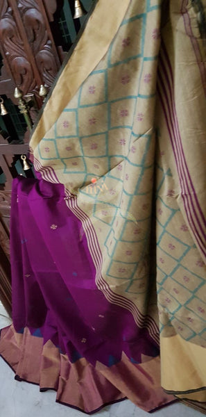 Purple with grey handloom merserised cotton with benarsi zari border and woven botties all over the saree.
