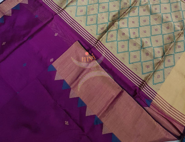 Purple with grey handloom merserised cotton with benarsi zari border and woven botties all over the saree.