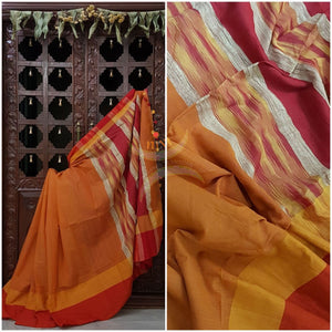 Orange handloom cotton with contrasting red orange border and Geecha pallu