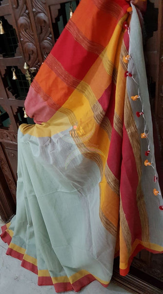 Grey handloom cotton with contrasting red orange border and Geecha pallu