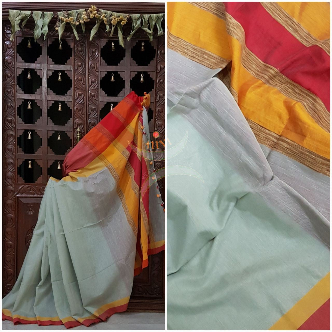Grey handloom cotton with contrasting red orange border and Geecha pallu