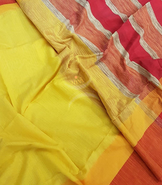 Yellow handloom cotton with contrasting red orange border and Geecha pallu