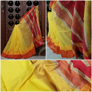 Yellow handloom cotton with contrasting red orange border and Geecha pallu