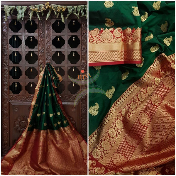 Bottle green with red kanjivaram  pure silk saree woven with floral brocade pattern on pallu, border and floral booties all over.