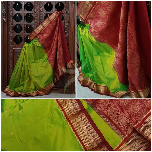 Parrot green with red handloom small Ghatti border pure south silk saree woven with floral brocade pattern on pallu, border and has floral booties all over.