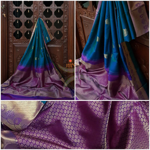 Teal with pink handloom pure kanjivaram  silk saree woven with paisley booties all over the saree and  brocade pattern on pallu and border.