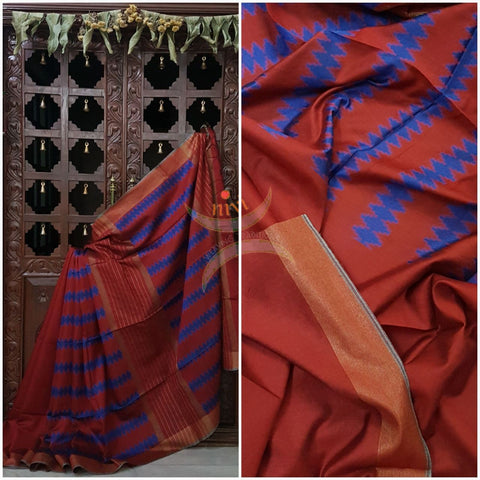 Red Bengal Handloom cotton with self woven vertical lines all over the saree with Geecha pallu. Saree comes with woven striped blouse . 