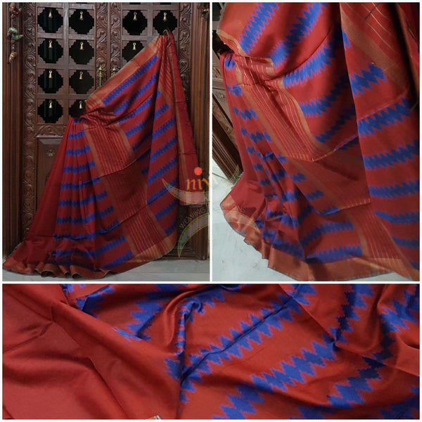 Red Bengal Handloom cotton with self woven vertical lines all over the saree with Geecha pallu. Saree comes with woven striped blouse . 