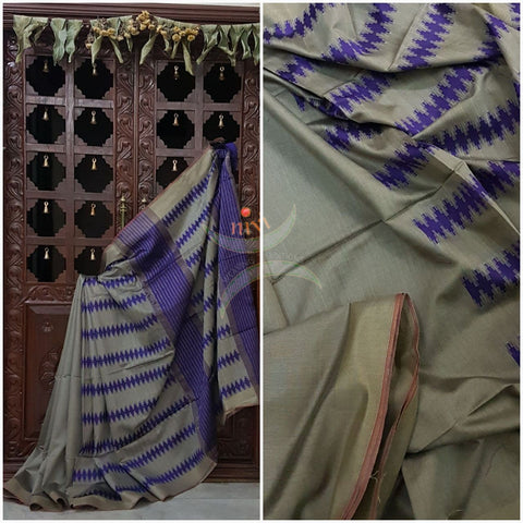 Grey Bengal Handloom cotton with self woven vertical lines all over the saree with Geecha pallu. Saree comes with woven striped blouse . 