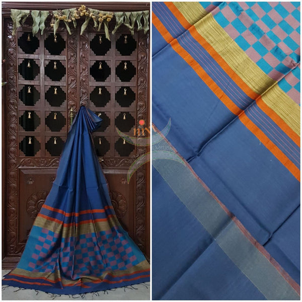 Blue Bengal Handloom cotton with woven chequared geecha pallu. Saree comes with plain woven striped blouse . 
