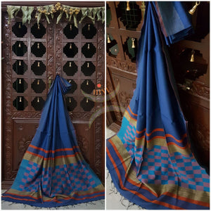 Blue Bengal Handloom cotton with woven chequared geecha pallu. Saree comes with plain woven striped blouse . 