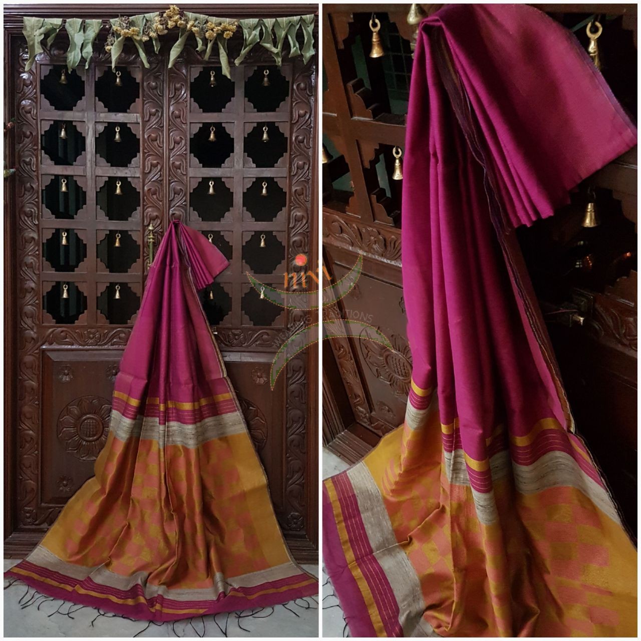 Pink Bengal Handloom cotton with woven chequared geecha pallu. Saree comes with woven striped blouse . 