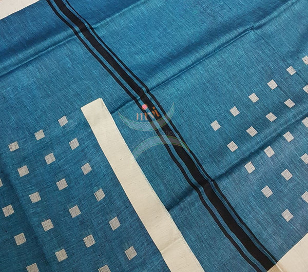 Teal Handloom 100s count Linen saree with woven booties and contrasting cream border and striped pallu.