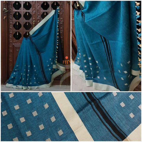 Teal Handloom 100s count Linen saree with woven booties and contrasting cream border and striped pallu.