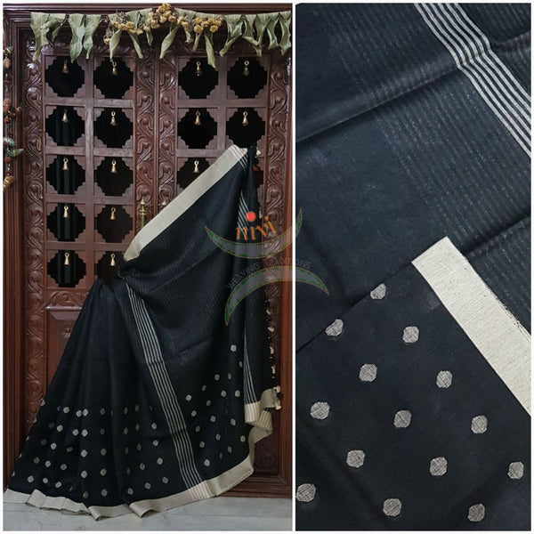 Black Handloom 100s count Linen saree with woven booties and contrasting cream border and striped pallu.