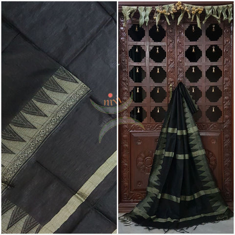 Black Bengal handloom cotton saree with traditional woven border and striped pallu.