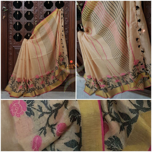 Cream Handloom 100s count Linen saree with woven floral pattern and zari border.