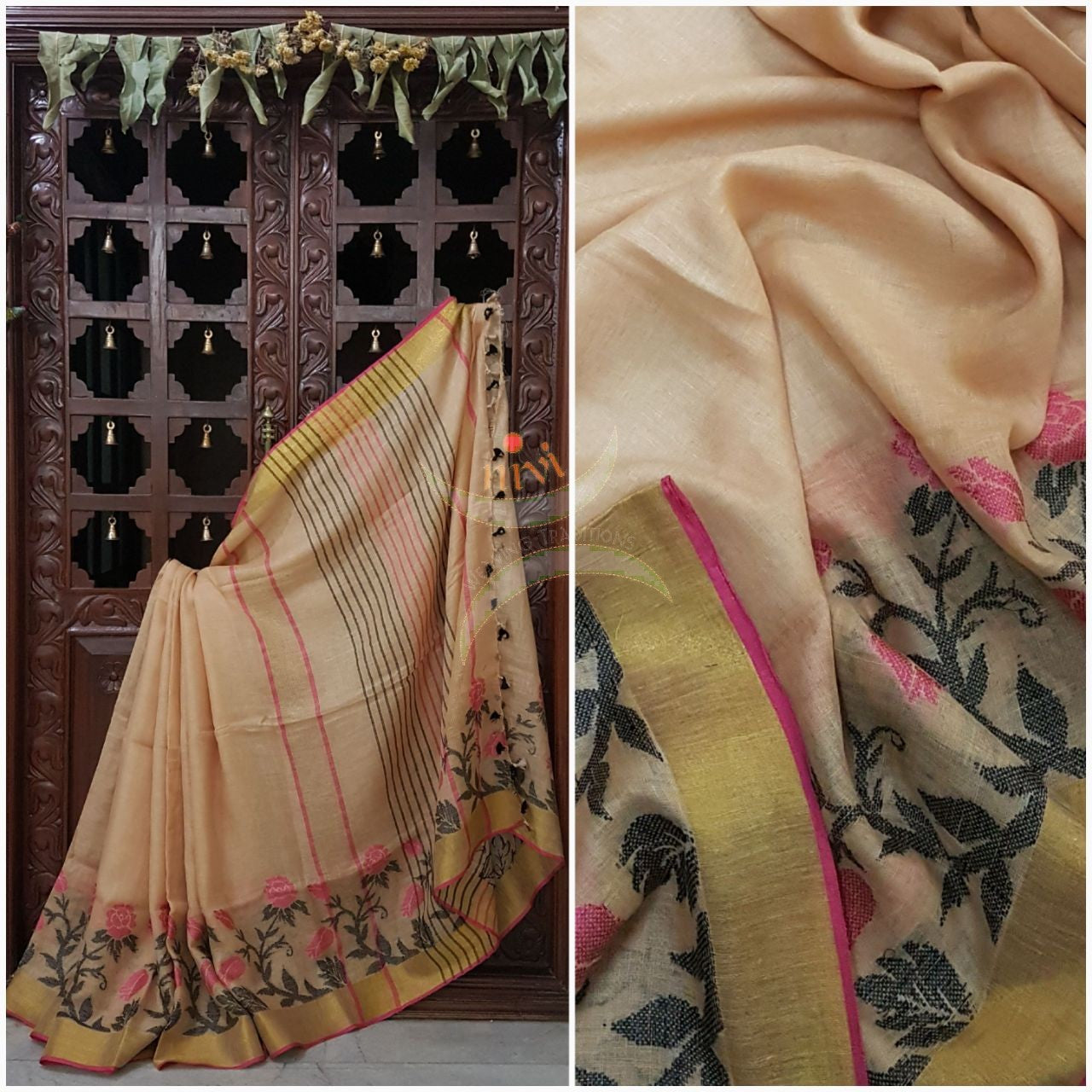 Cream Handloom 100s count Linen saree with woven floral pattern and zari border.