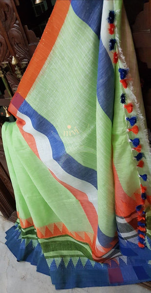 Green Handloom 100s count Linen saree with contrasting orange blue temple border.