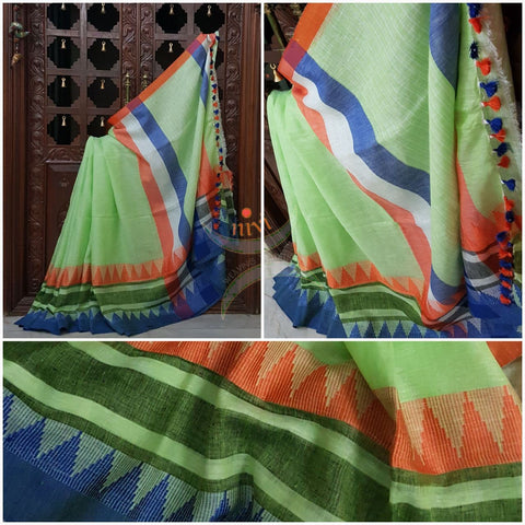Green Handloom 100s count Linen saree with contrasting orange blue temple border.