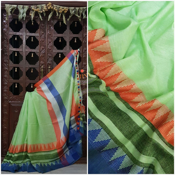 Green Handloom 100s count Linen saree with contrasting orange blue temple border.