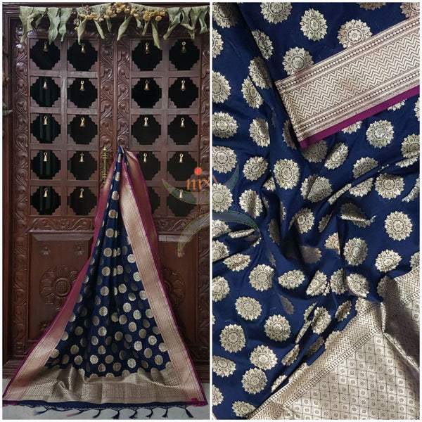 Navy blue with pink benarsi brocade duppata with woven zari booties all over.