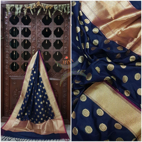 Navy Blue with pink benarsi brocade duppata with woven zari booties all over.
