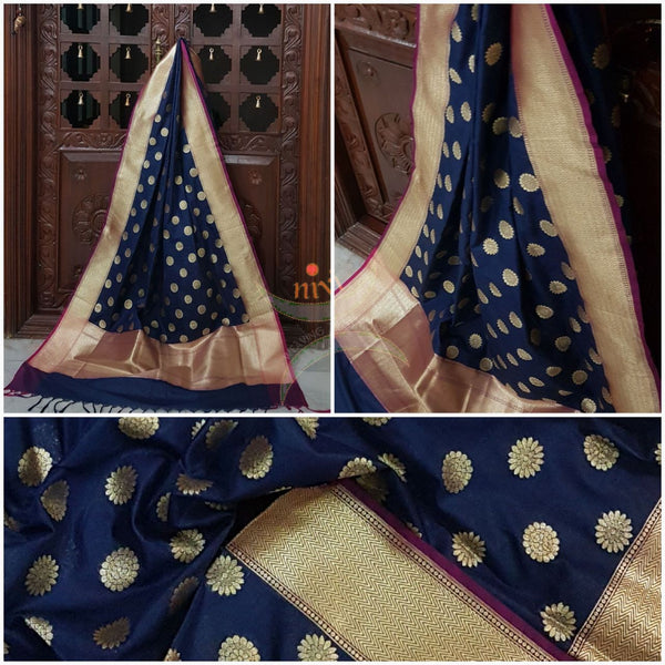 Navy Blue with pink benarsi brocade duppata with woven zari booties all over.