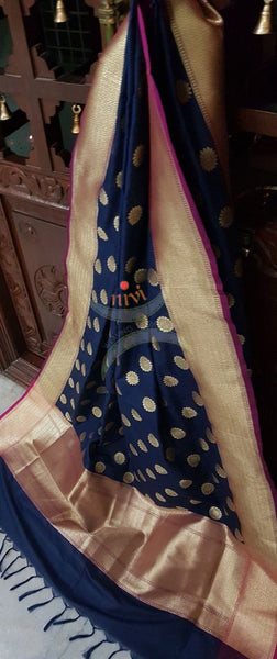 Navy Blue with pink benarsi brocade duppata with woven zari booties all over.